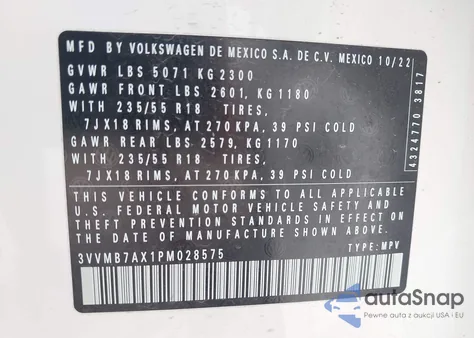 2023 Volkswagen Tiguan 2.0T Se z USA, uszkodzony, nr VIN 3VVMB7AX1PM028575